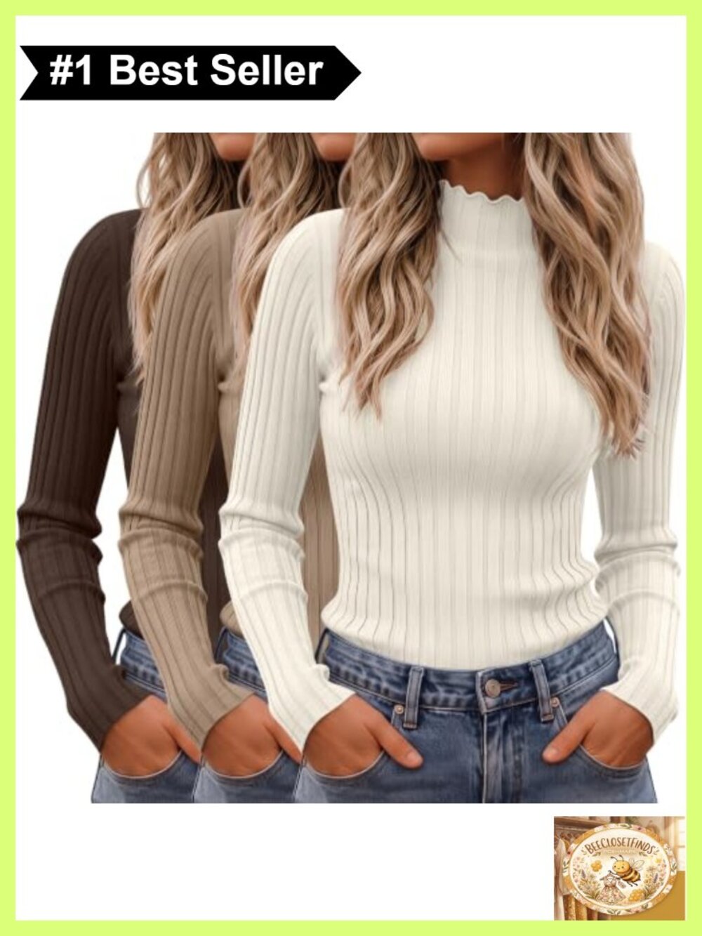 Women Mock Turtleneck Long Sleeve Ribbed Lettuce Trim Tee 3 Pack